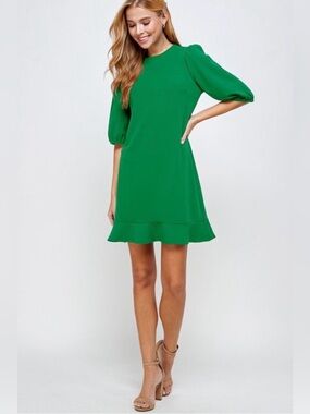 Kelly Green Puff-Sleeve Ruffle Drop Hem Dress 2 Hearts Small